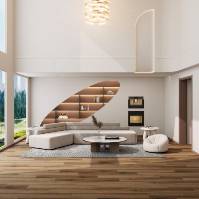 意式 奶油 中古风 别墅 客厅 跃层 挑空电视墙