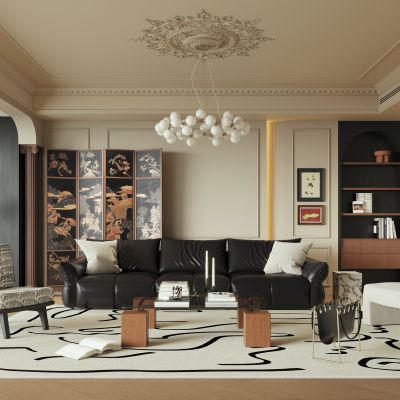 法式中古风客厅 屏风 黑白客厅