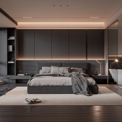 现代卧室 饰品 休闲椅 床头吊灯 无主灯造形吊顶 衣柜