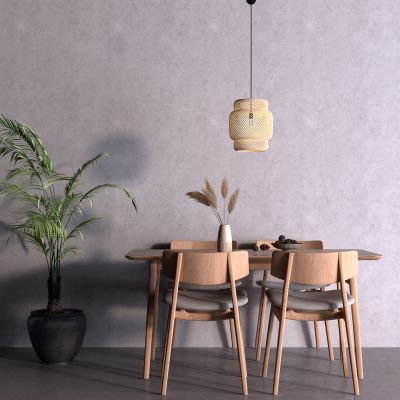 北欧餐桌 原木桌 藤编吊灯