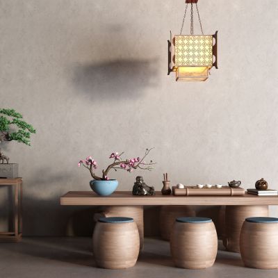 中式茶桌椅 吊灯 盆栽