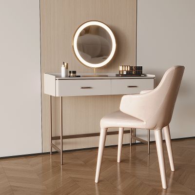 北欧奶油梳妆台 奶油风真皮靠背椅 智能梳妆镜 化妆品彩妆口红
