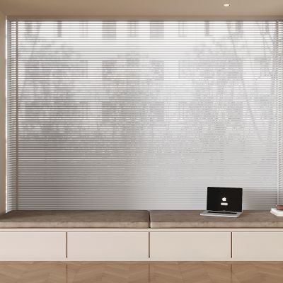  现代轻奢飘窗坐垫 榻榻米沙发坐垫 布艺软饰坐垫 百叶帘 苹果笔记本电脑 书本书籍