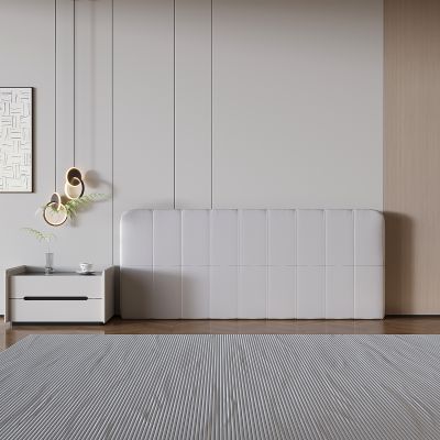 现代奶油床头背景 布艺软包床头背景 抽屉床头柜 创意吊灯