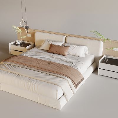 现代奶油双人床 酒店布艺软包双人床 抽屉床头柜二斗柜 北欧实木双人床