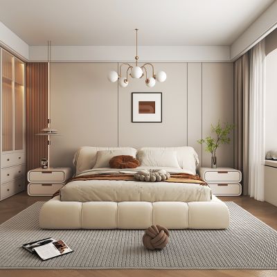 奶油风卧室 双人床 衣柜 吊灯 床头柜