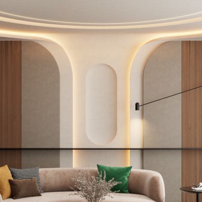 北欧 奶油 原木风 弧形 悬浮顶 墙地一体 客厅