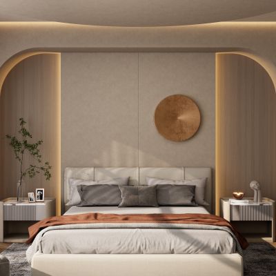 奶油 中古风 弧形 悬浮顶 背景墙 民宿 卧室