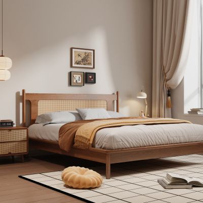  现代中古风实木双人床 床头柜