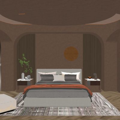 奶油 中古风 弧形 悬浮顶 背景墙 民宿 卧室