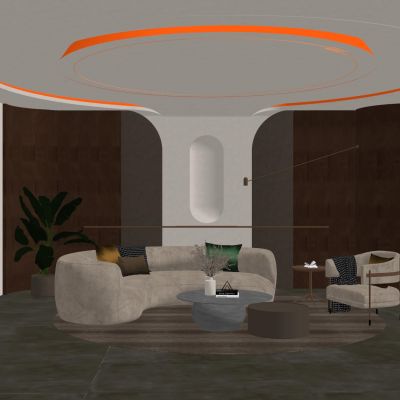 北欧 奶油 原木风 弧形 悬浮顶 墙地一体 客厅