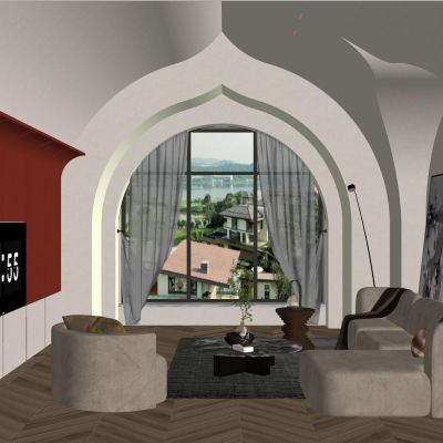 欧式 奶油 中古风 巴洛克 弧形 挑空 客厅