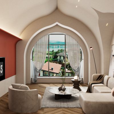 欧式 奶油 中古风 巴洛克 弧形 挑空 客厅