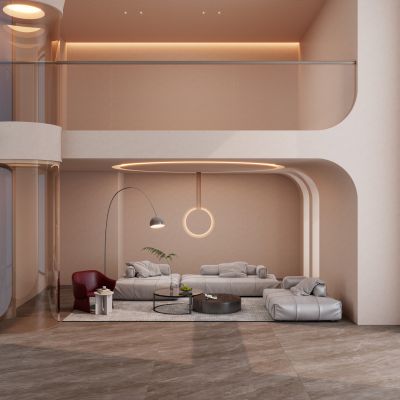 北欧 奶油 中古风 跃层 别墅 弧形窗 客厅 沙发墙