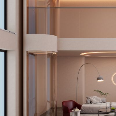 北欧 奶油 中古风 跃层 别墅 弧形窗 客厅 沙发墙