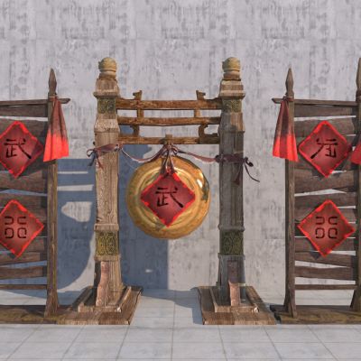  中式雕塑小品 木桩 牌匾 铜锣