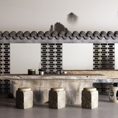 中式石桌 户外桌 瓦片 围墙