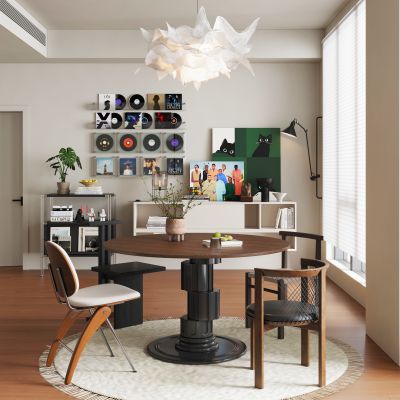 现代复古家居餐厅_现代中古风餐厅_餐边柜_中古风餐桌椅_挂画