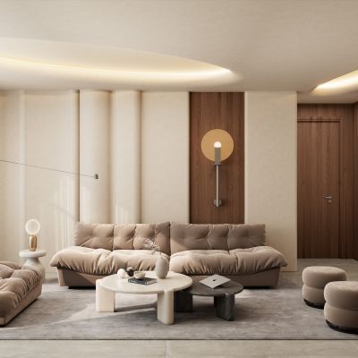 轻法式 奶油 中古风 波浪造型  椭圆 小洞天 客厅 