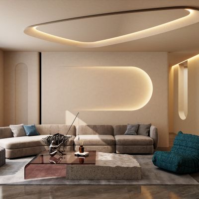 法式 奶油 轻奢风 勒洛三角 圆弧灯带 客厅 沙发墙