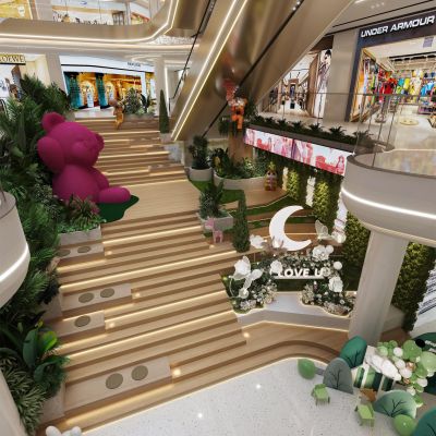 现代商场中庭景观下沉式楼梯走廊美陈