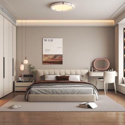 现代简约卧室 双人床 衣柜 吸顶灯 梳妆台