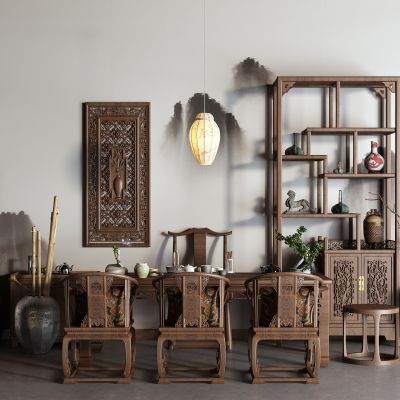 中式博古架 书桌 茶桌椅 雕花