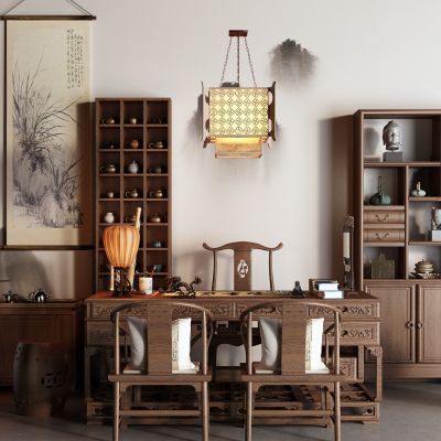 中式书桌 博古架 茶具 茶桌椅