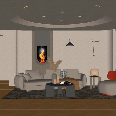  北欧 奶油 轻奢 中古风 圆形悬浮顶 客厅 沙发墙