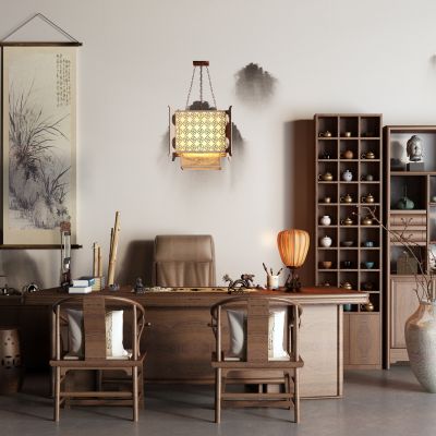 中式书桌 博古架 茶具 茶桌椅