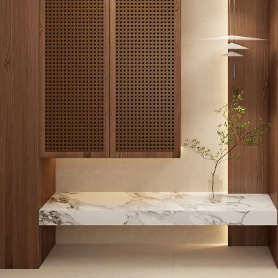 奶油 轻奢 中古风 骨骼线 藤编 入户隔断 玄关