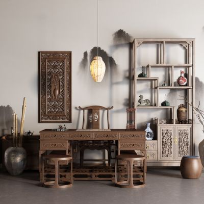 中式雕花 博古架 书桌 茶桌椅