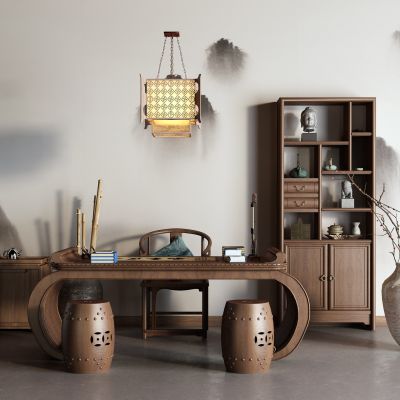 中式书桌 博古架 茶桌椅