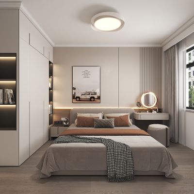   现代卧室 衣柜 双人床 书桌椅 吸顶灯