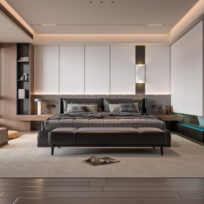 现代卧室 饰品 休闲椅 床头吊灯 无主灯造形吊顶 衣柜