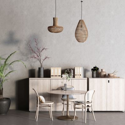 侘寂休闲椅 盆栽 藤编吊灯 文件柜