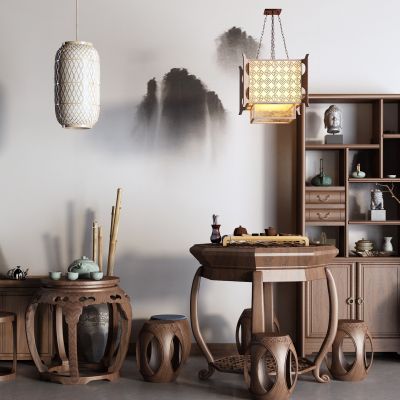 中式博古架 八仙桌 茶桌椅 吊灯