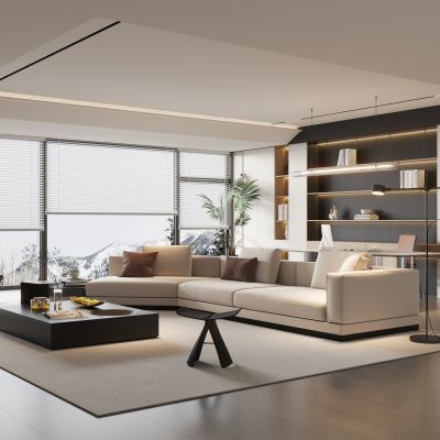 现代极简黑白客厅书房