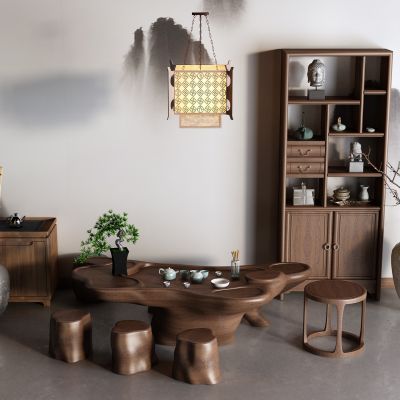 中式根雕茶海 茶桌椅 博古架