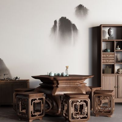 中式博古架 茶桌椅 茶水柜