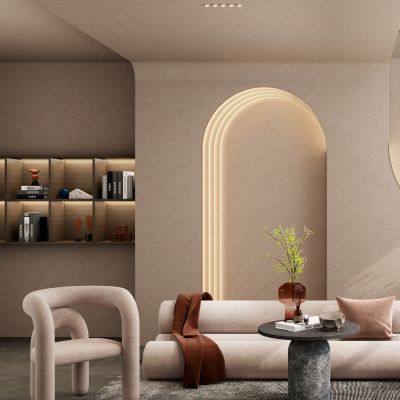 轻法式 奶油 中古风 弧形灯带 无主灯 客厅