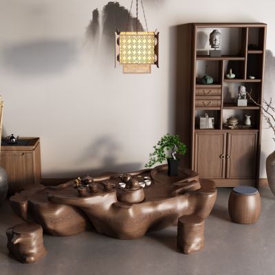 中式博古架 根雕茶海 茶桌椅