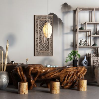 中式根雕茶海 茶桌椅 博古架