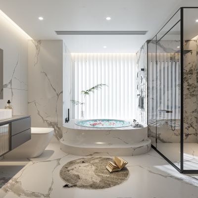 现代卫生间 浴室柜 洗脸盆 镜柜 马桶 圆形浴缸