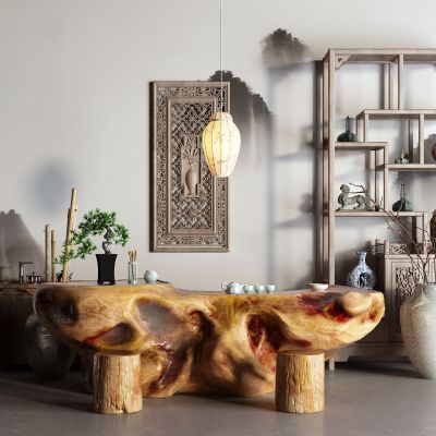 中式根雕茶海 茶桌椅 博古架