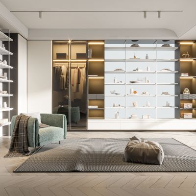 现代衣帽间、奶油风衣帽间、衣柜、衣服,休闲沙发,地毯，玻璃柜门、饰品