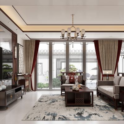 新中式客厅 沙发茶几组合 新中式电视背景墙