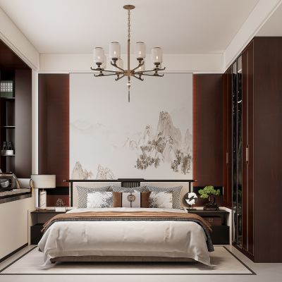 新中式卧室 双人床 床头柜 衣柜 脚踏 饰品摆件 无主灯