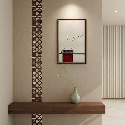 新中式 奶油 中古风 实木条 如意造型 入户 隔断 玄关