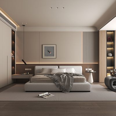 现代卧室 双人床 衣柜 休闲椅